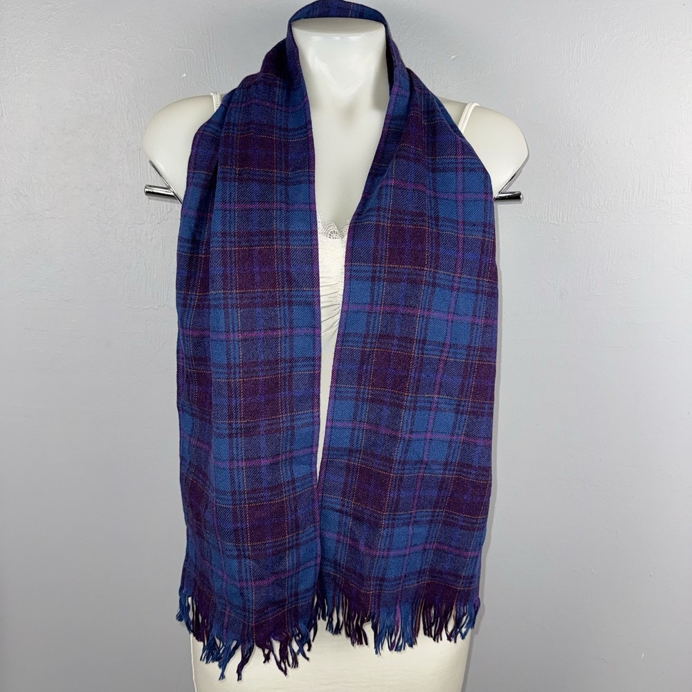 Pendleton Scarf Tartan Plaid Blue Purple 100% Virgin Wool Fringe Made in USA
